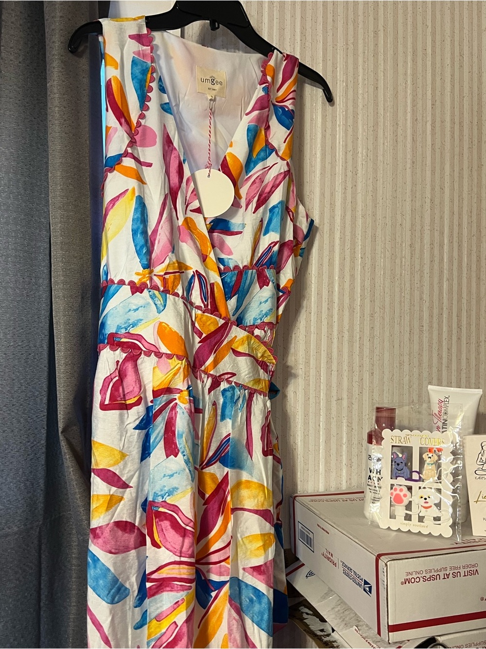 Umgee White Midi Dress with Pink, Blue & Yellow Abstract Leaf Print